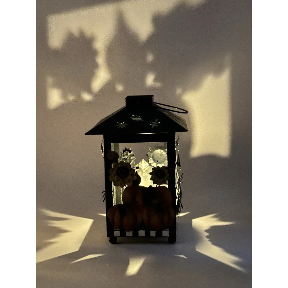 Laurie Korsgaden Fall Scarecrow Pumpkin Metal Lantern Candle Holder Folk Art